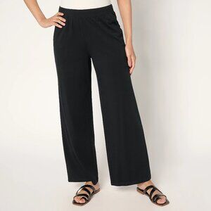 Denim & Co. Beach Jersey Petite Full Length Wide Leg Pant - Black Sz a678642
